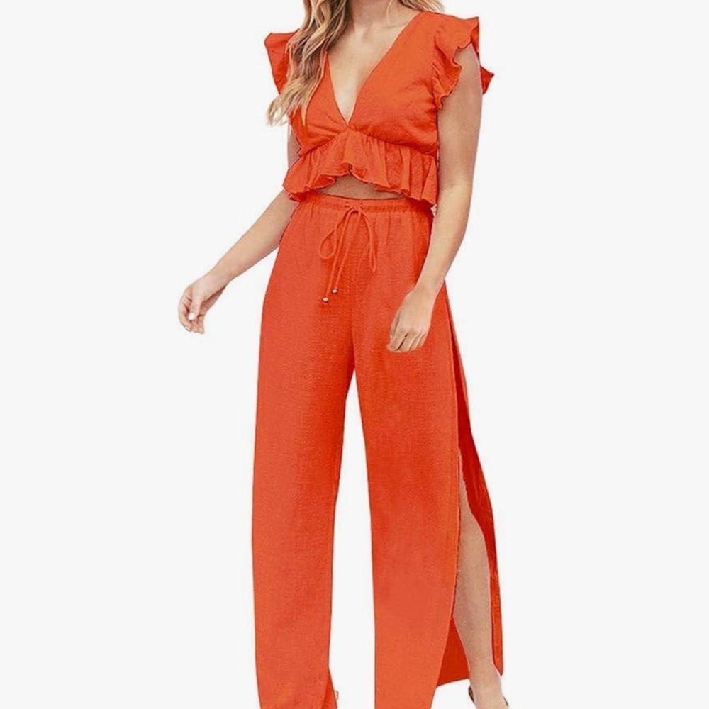 Orange Jumpsuit with Ruffled Sleeves and Wide-Leg Design